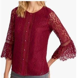 Vintage Karl Lagerfeld Paris Burgundy Lace Button Front Blouse Size Small Petite
